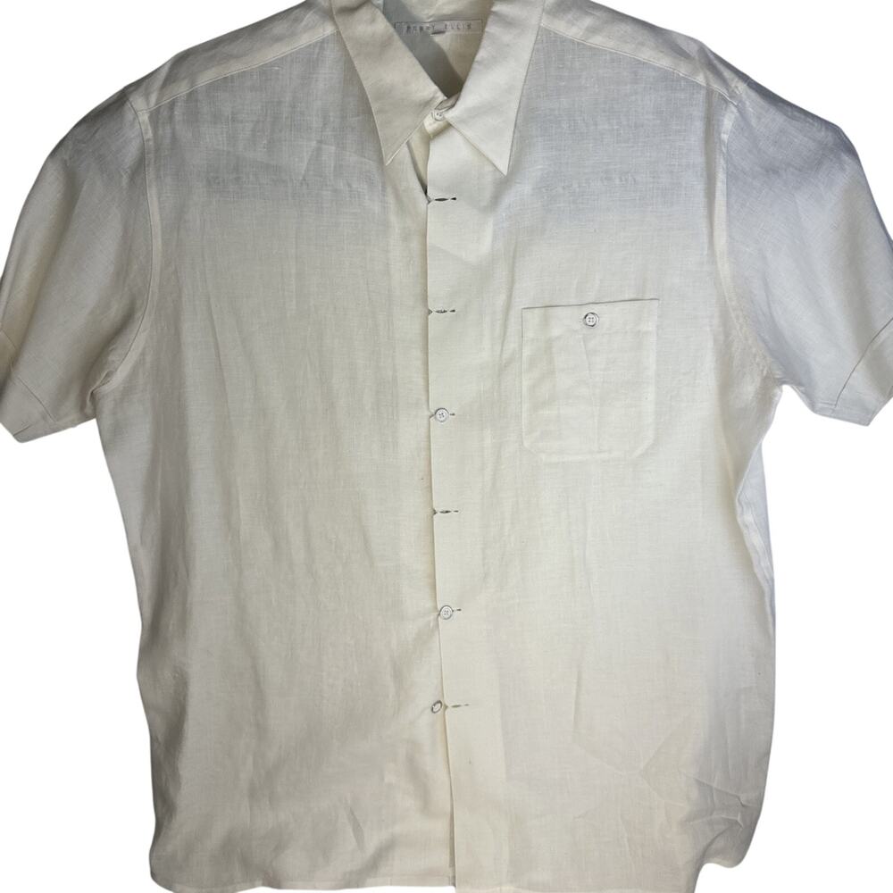 Men's PERRY ELLIS White Linen Long Sleeved Pocket Shirt XL